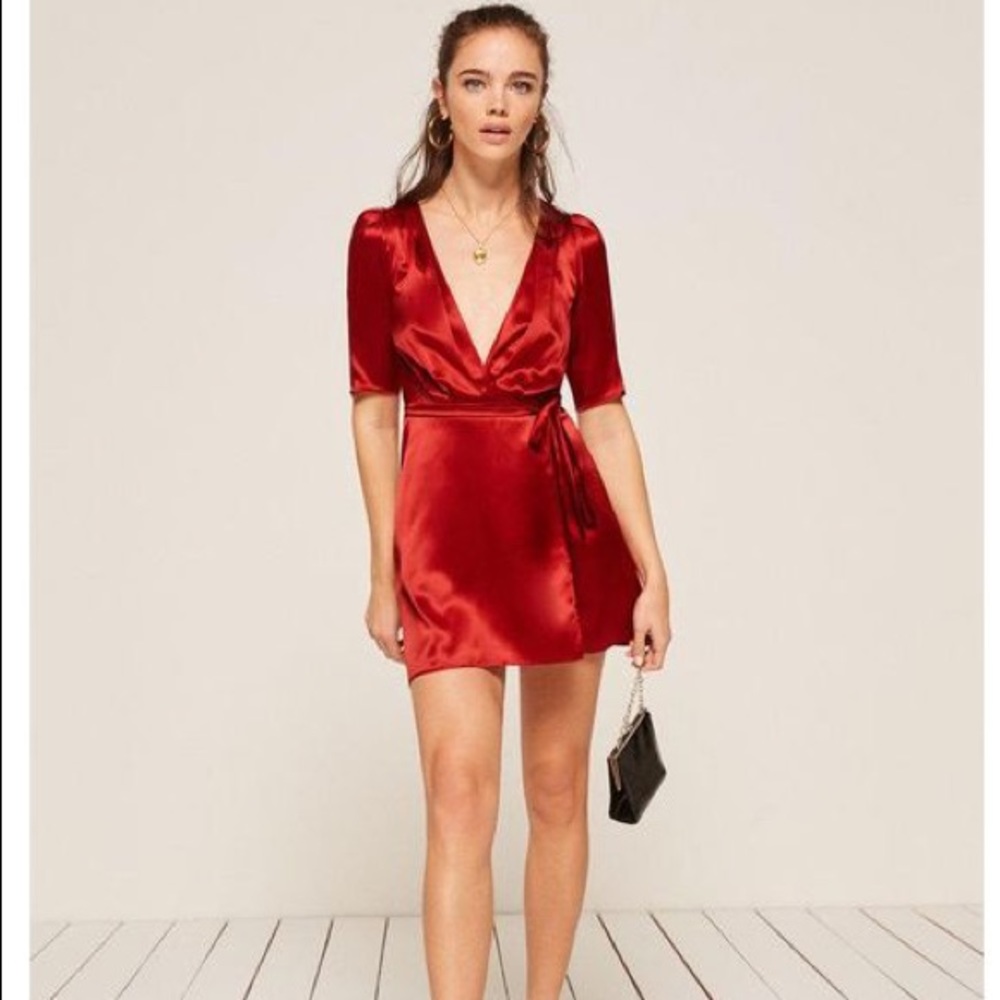 Reformation Red Silk Harlow Wrap Dress